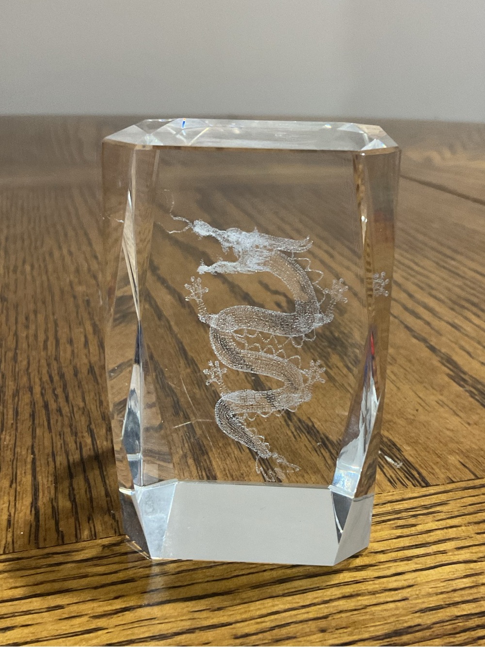 Dragon Etched Crystal Glass Art Block Paperweight in Blue Case - Clear
